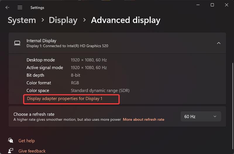 Display adapter properties