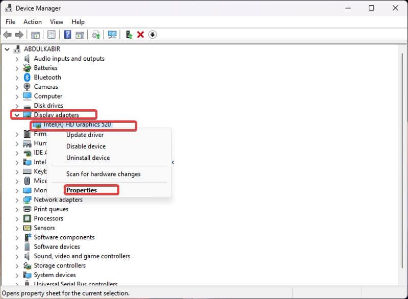 Device Manager display adapter properties