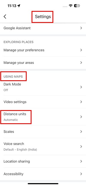 Google maps settings