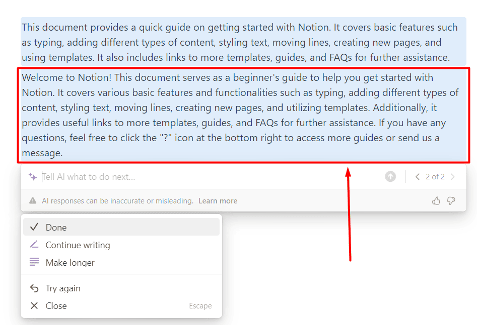Notion AI continue writing text Done