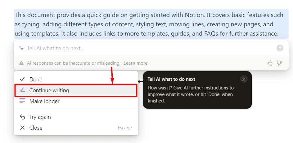 Notion AI continue writing text