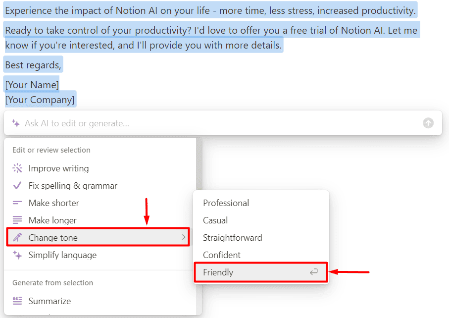 Notion AI start writing with AI and change tone