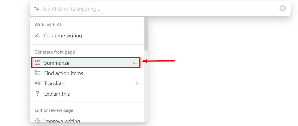 Notion AI summarize