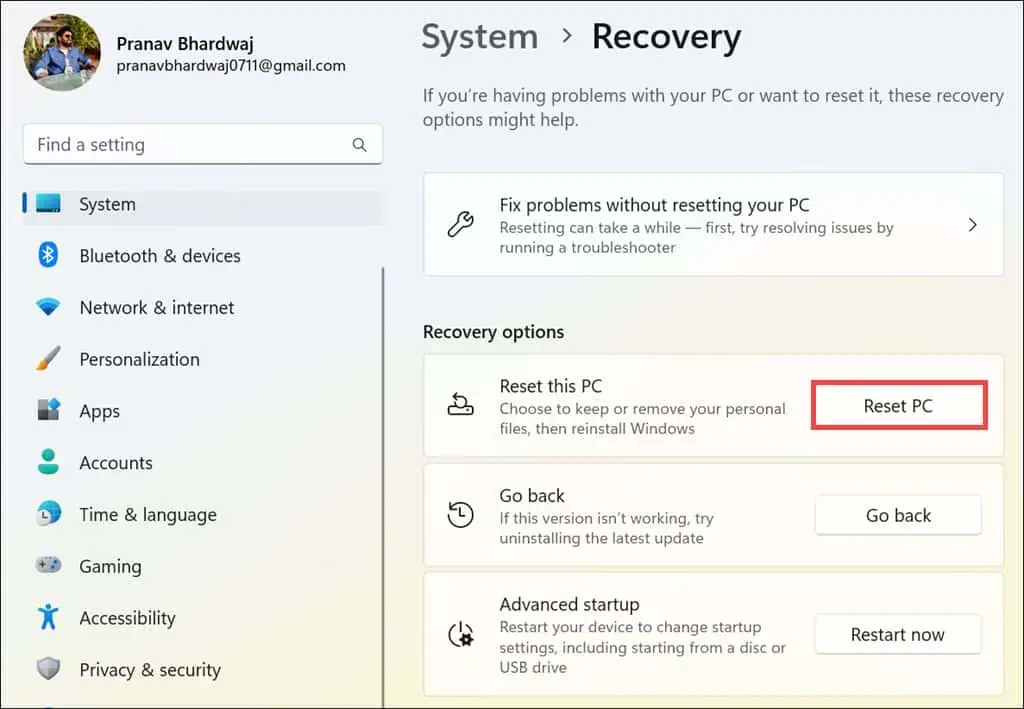 Reset PC button under Recovery options