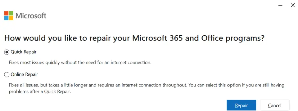repair your microsoft 365 and office programs