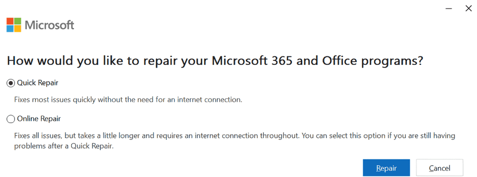 repair your microsoft 365 and office programs