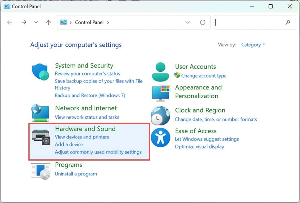 Select Hardware and Sound option