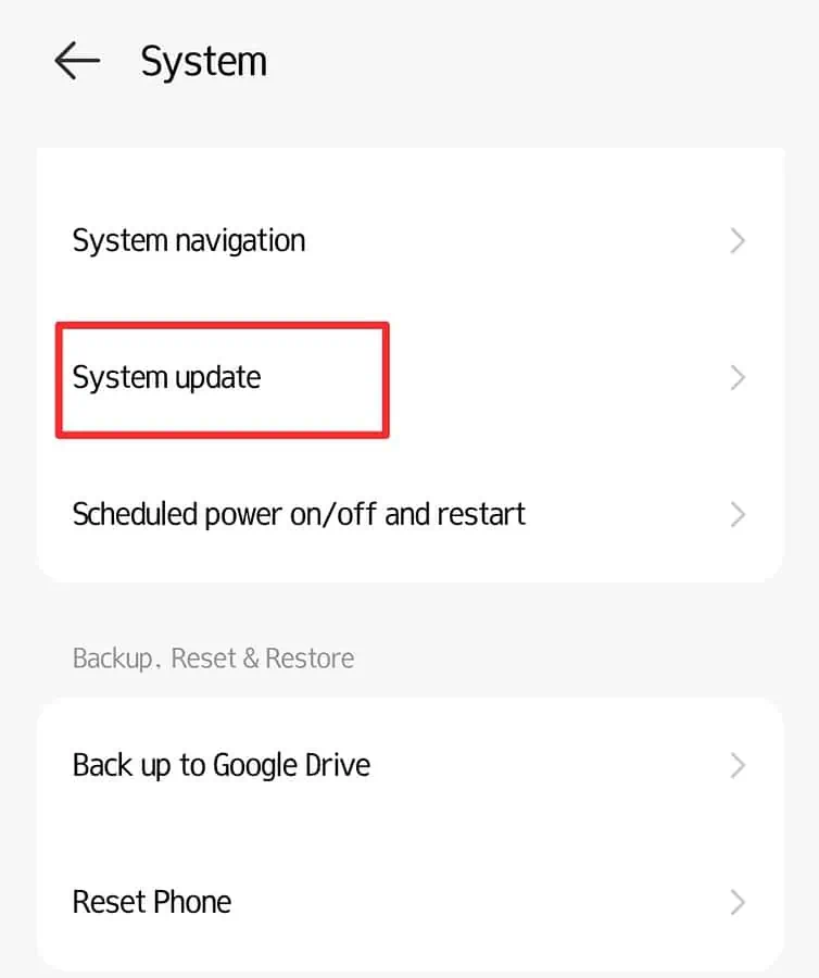 System update settings on Android