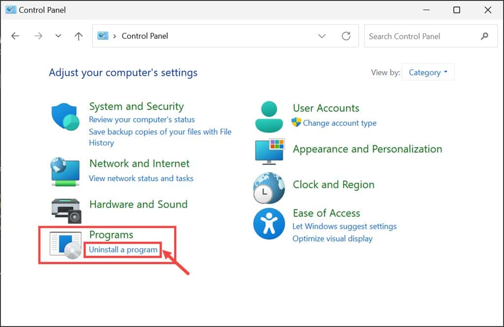 Uninstall a program Control Panel