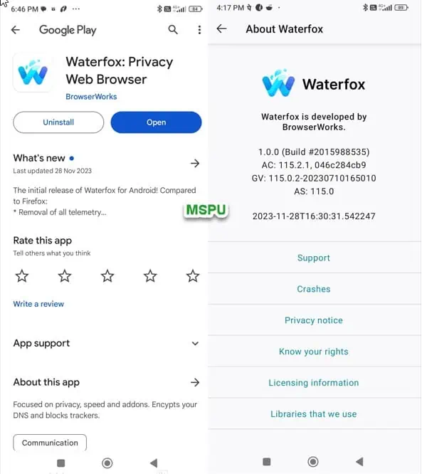 Waterfox Android Play Store about
