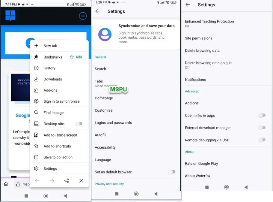 Waterfox Android UI and Settings