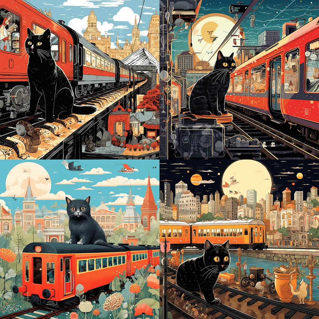 collage simple childrens book illustration of a cat boarding a luxurious train in a vibrant city