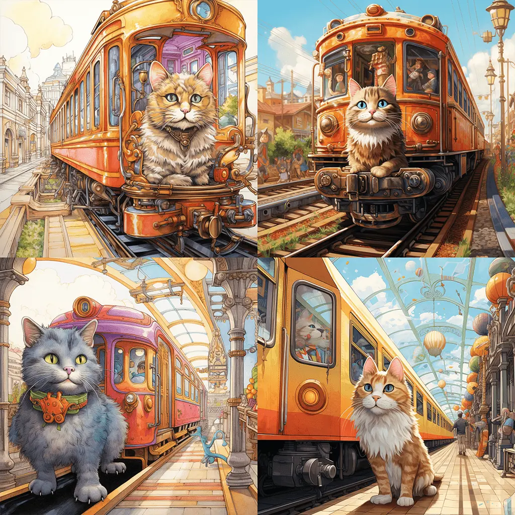 colored pencil simple childrens book illustration of a cat boarding a luxurious train in a vibrant city
