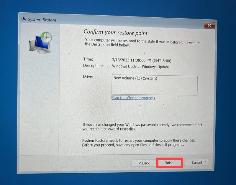 confirm system restore