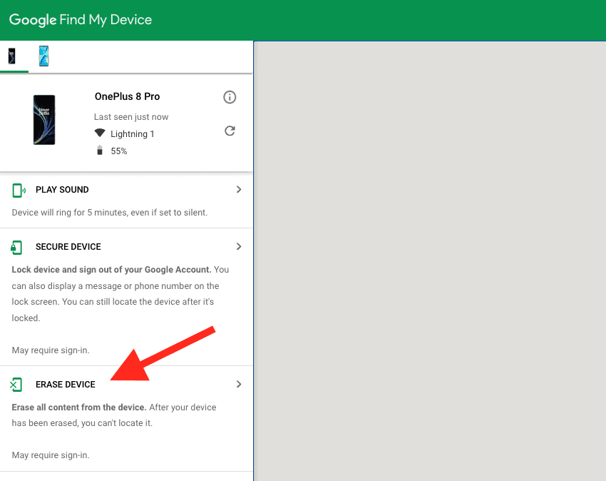 Erase Device on google find my device