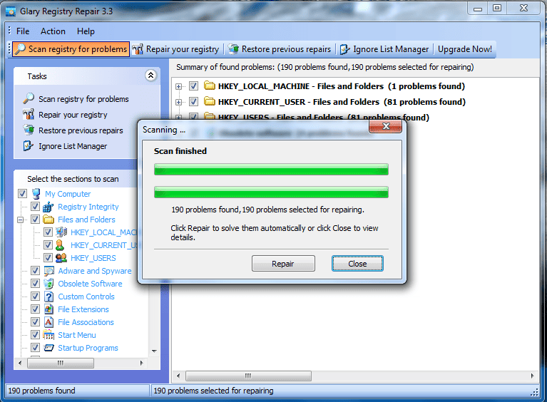 glarysoft registry repair ui