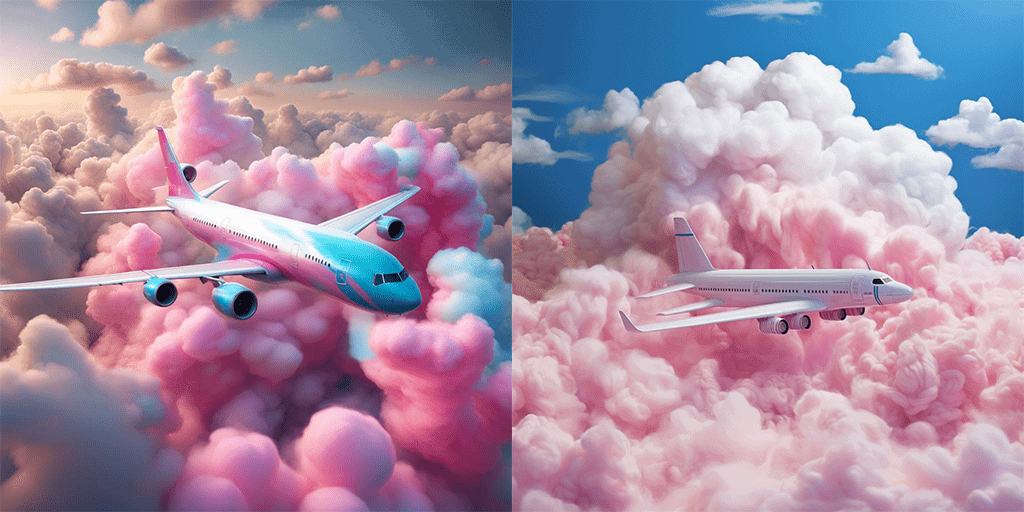 nightcafe vs midjourney airplane flying across clouds made out of cotton candy, colorful, hyperrealism