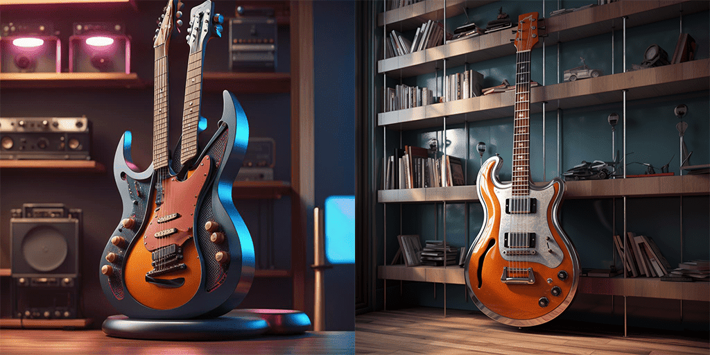 nightcafe vs midjourney futuristic yet retro guitar on a shelf photorealistic