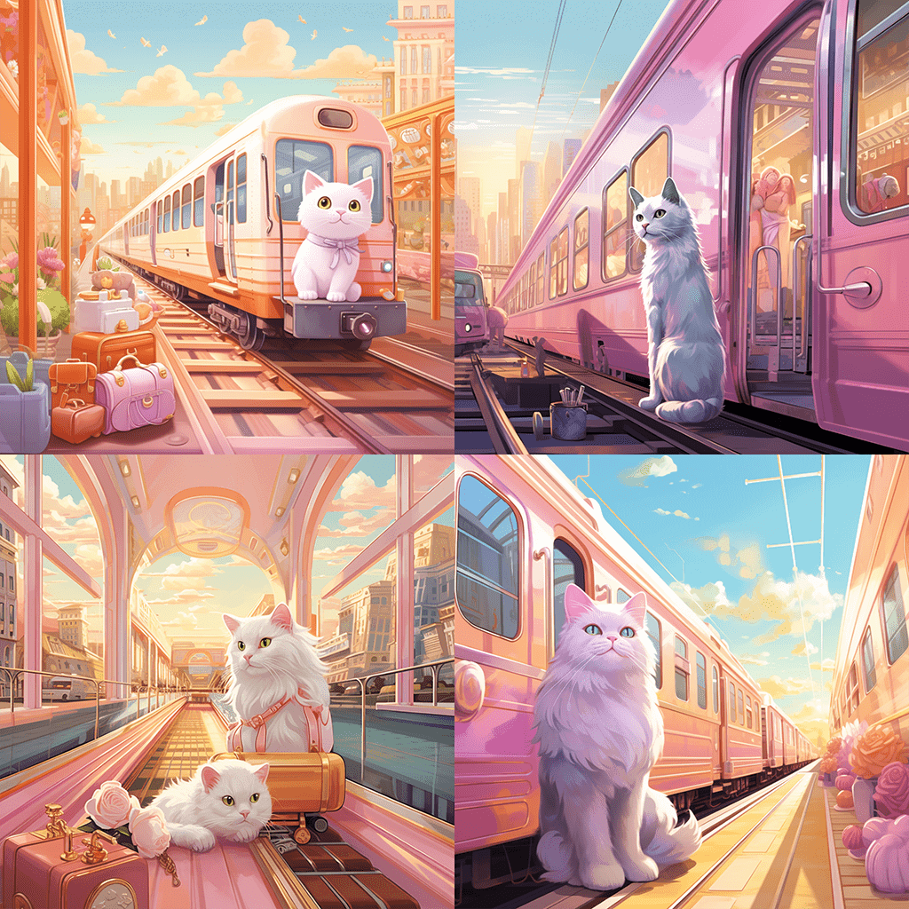 pastel colors simple childrens book illustration of a cat boarding a luxurious train in a vibrant city