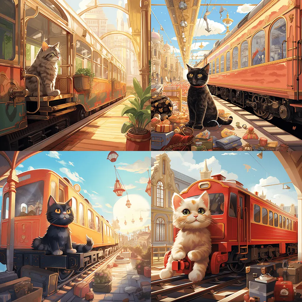 simple childrens book illustration of a cat boarding a luxurious train in a vibrant city