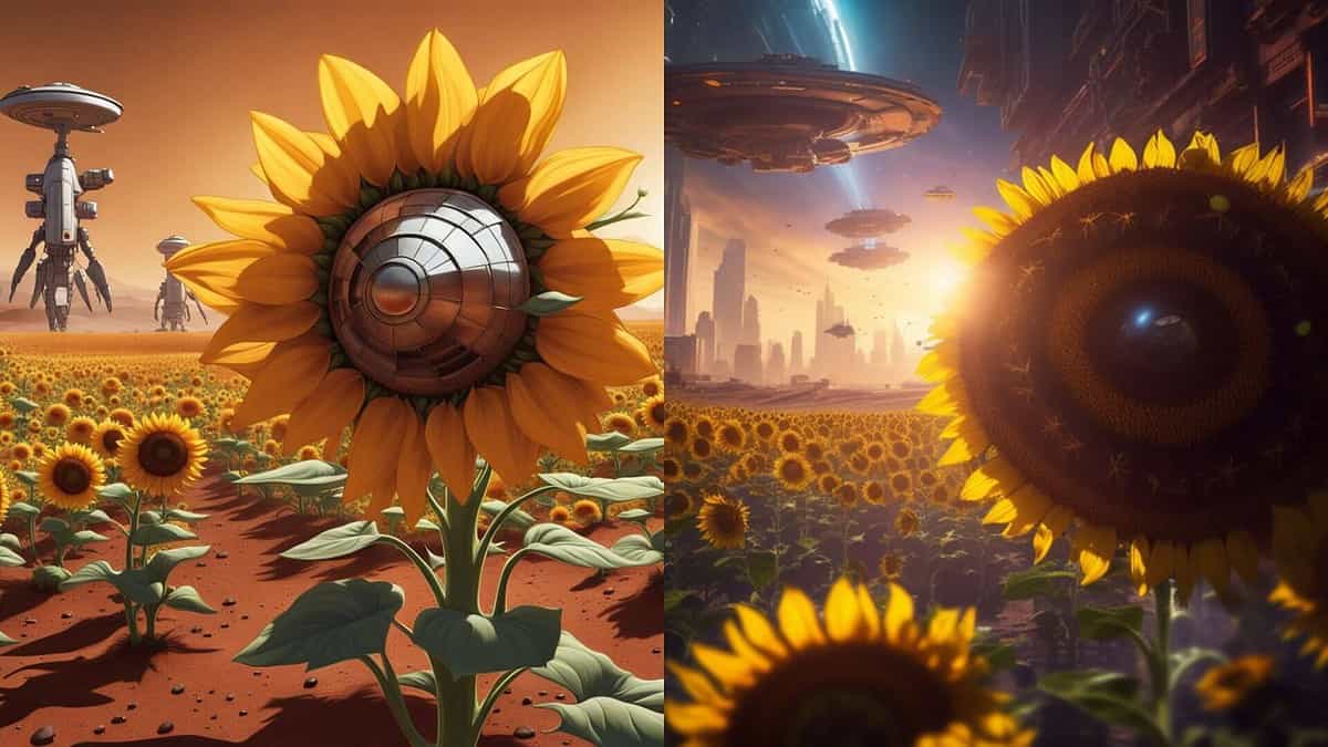 spaceship crashed sunflower garden alient planet nightcafe vs starryai