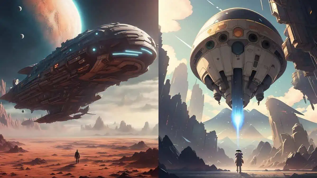 spaceship flying alien planet nightcafe vs starryai