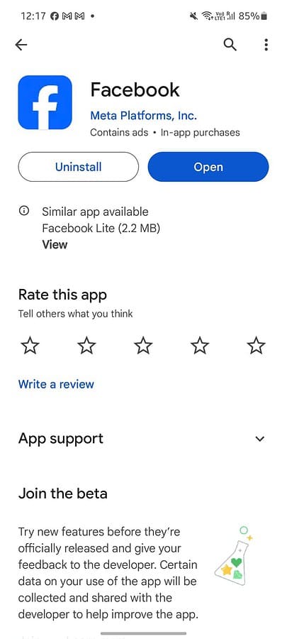 update facebook app from google playstore