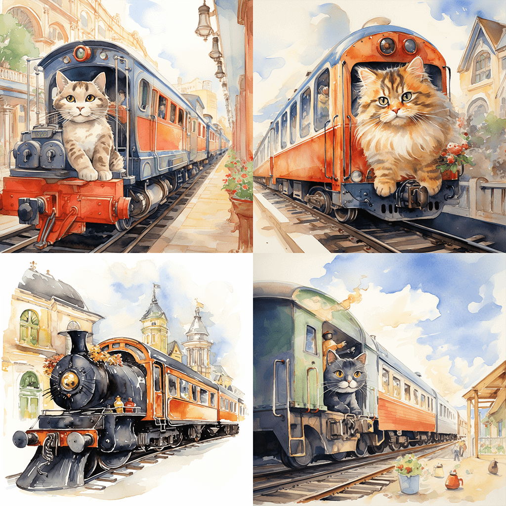 watercolor simple childrens book illustration of a cat boarding a luxurious train in a vibrant city