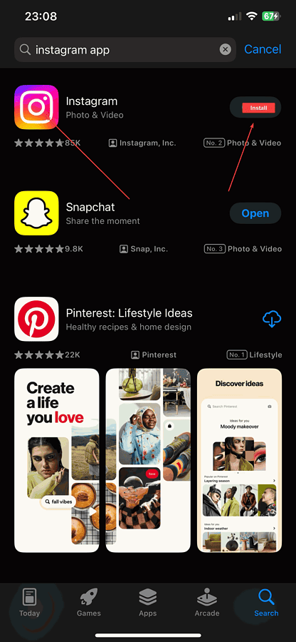Open the App Store and search for Instagram.