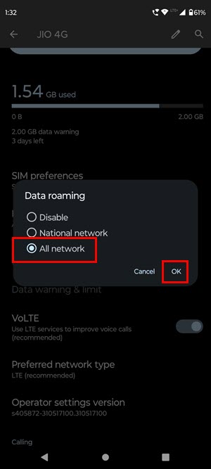 Allow Data Roaming for Mobile Internet