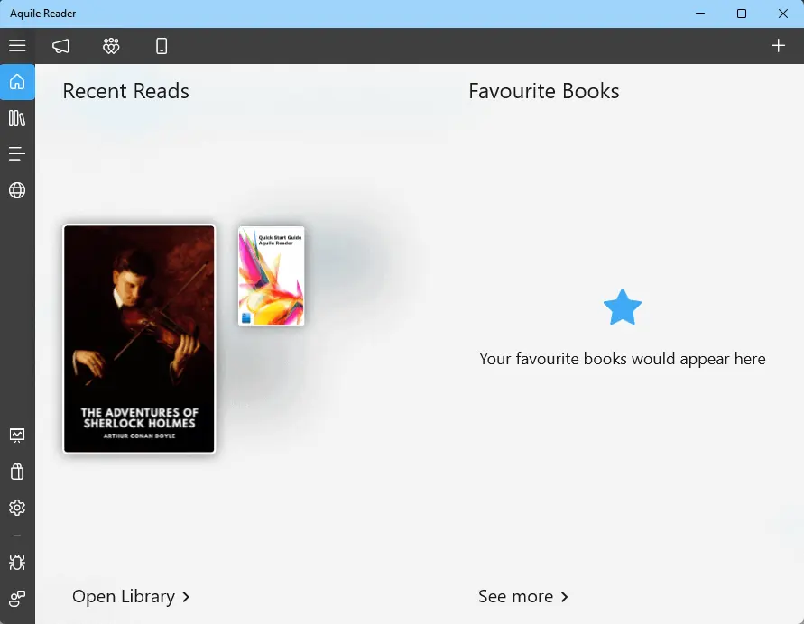 Aquile Reader interface with books
