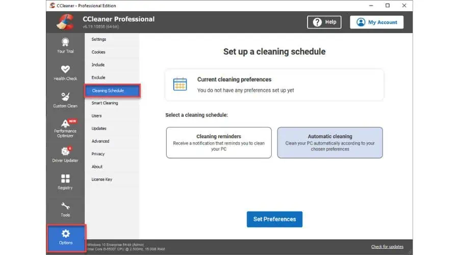 CCleaner Cleaning Schedule