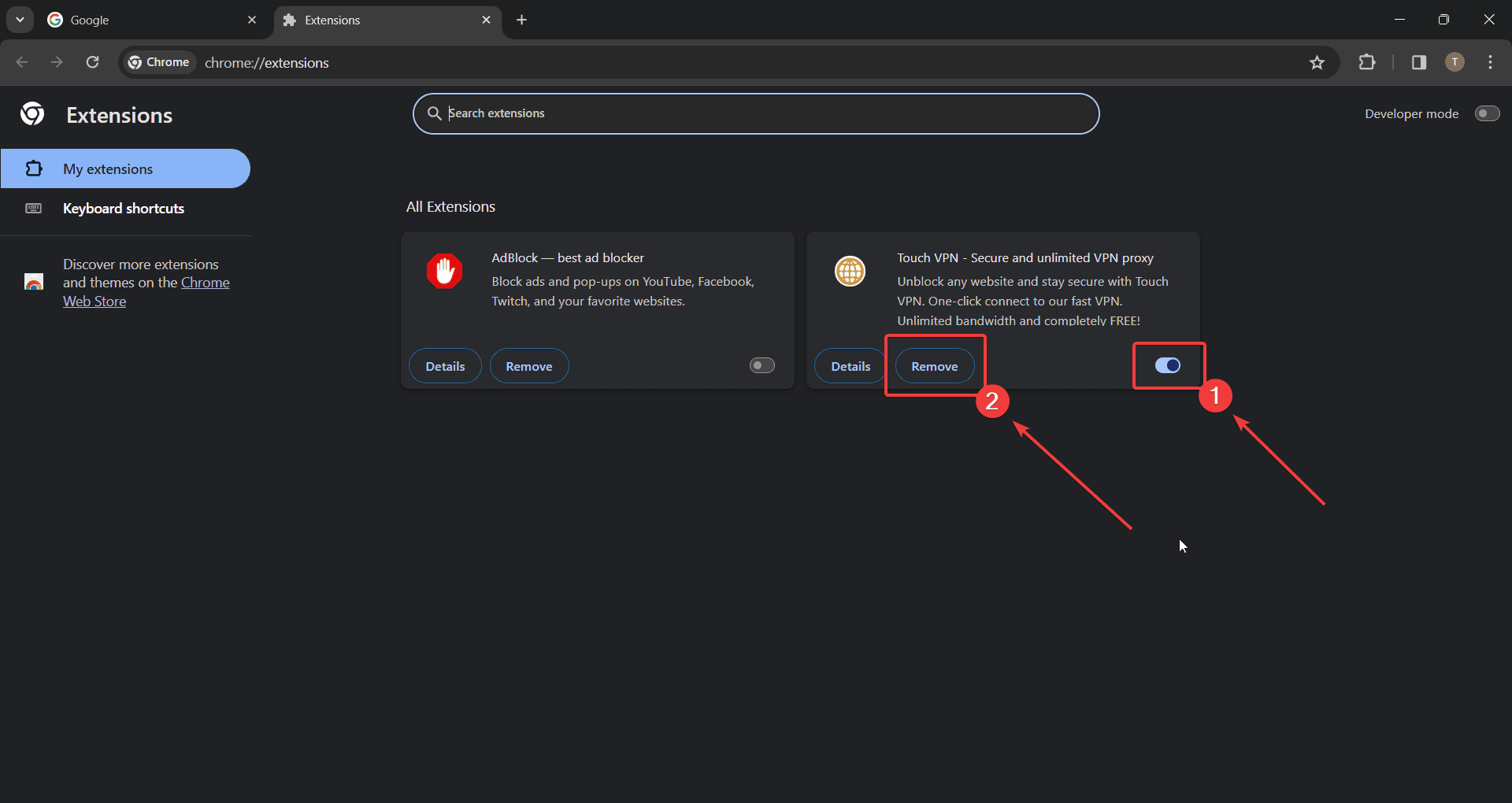 Disable and remove extensions Google Chrome