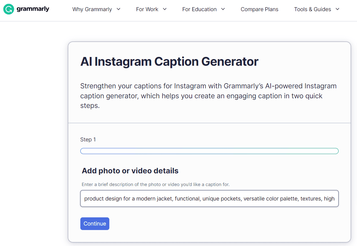 Grammarly AI for instagram captions