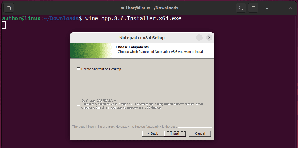 Installing Notepad++ using Wine on Linux