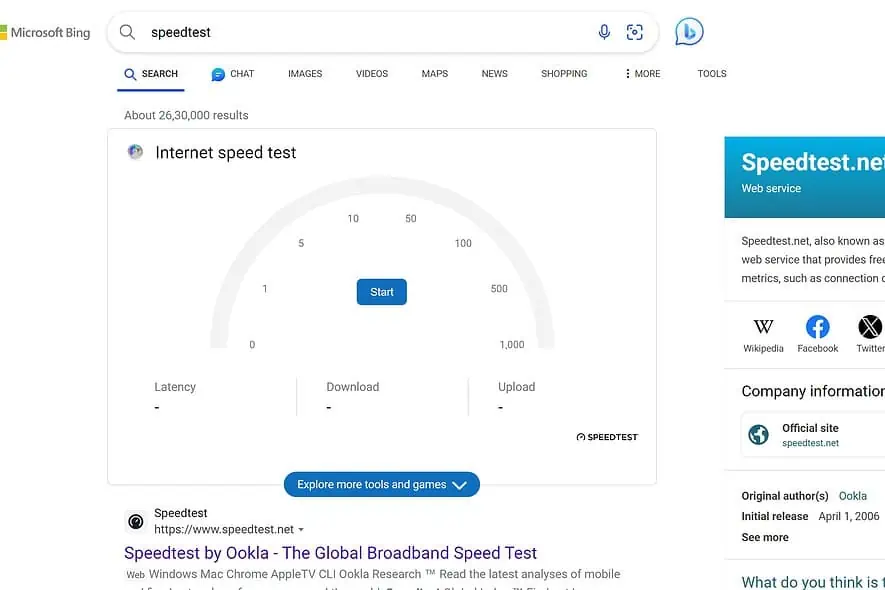 Microsoft Bing Speedtest integration