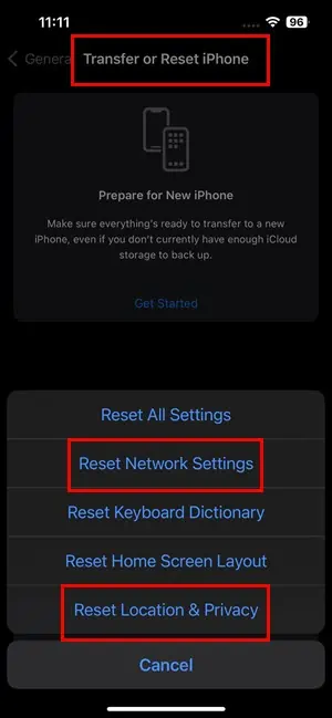 Reset Location & Privacy