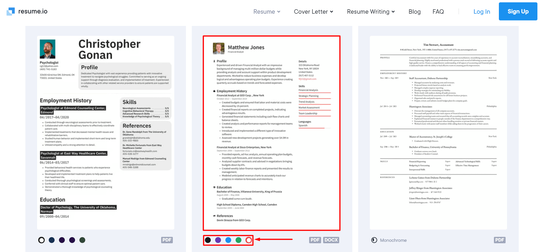 Resume.io select template and color