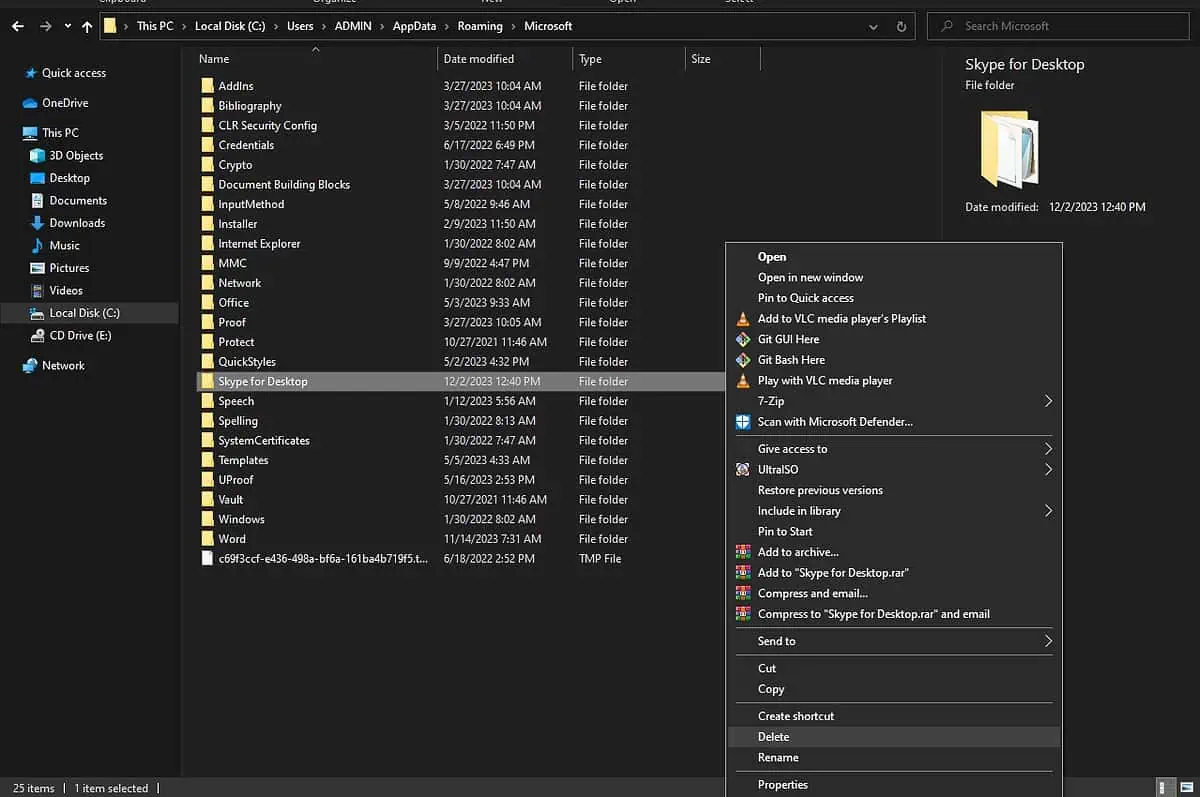 Delete the Skype for Desktop Folder