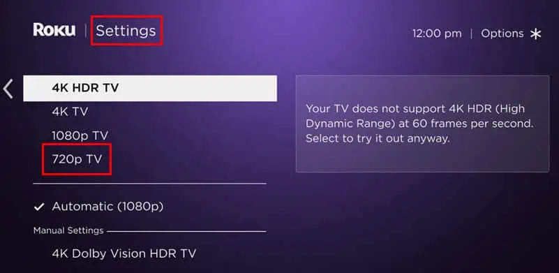 Settings display type