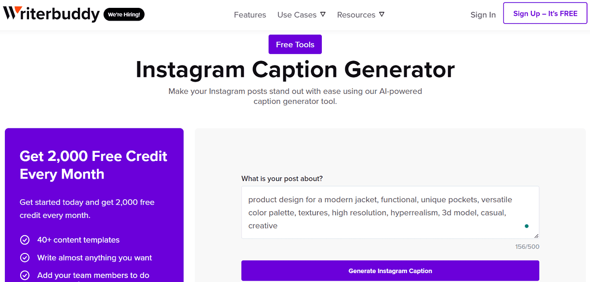 Writerbuddy AI for instagram captions