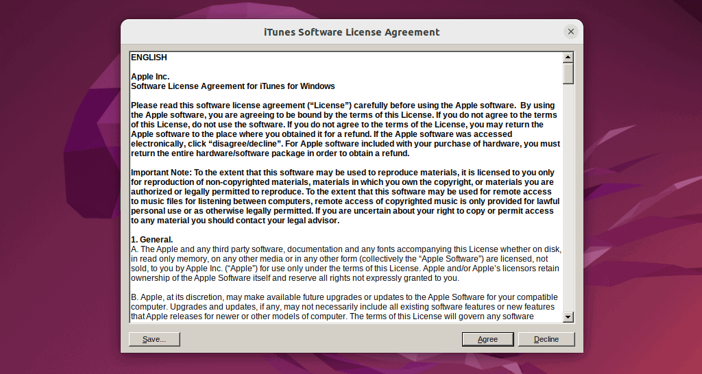 accepting iTunes license agreement on Linux