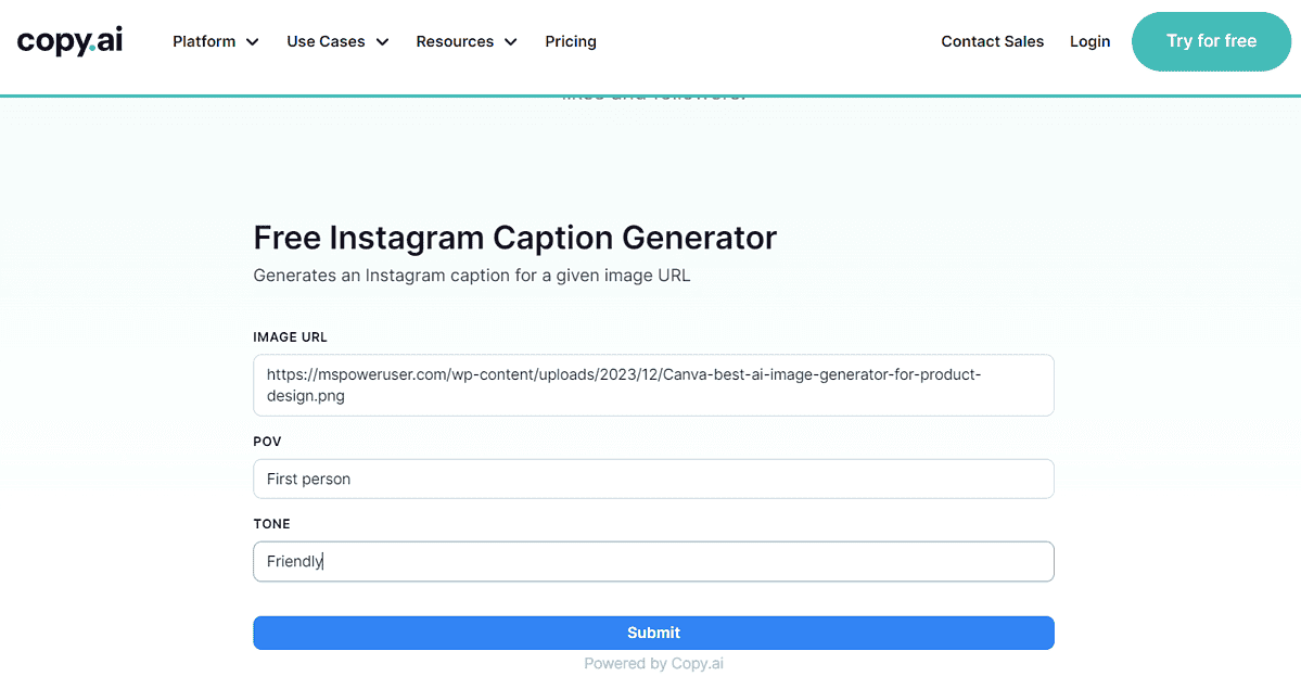 copy.ai AI for instagram captions