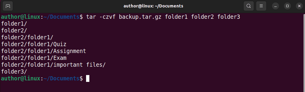 creating a compressed archive of multiple directories using tar on Linux