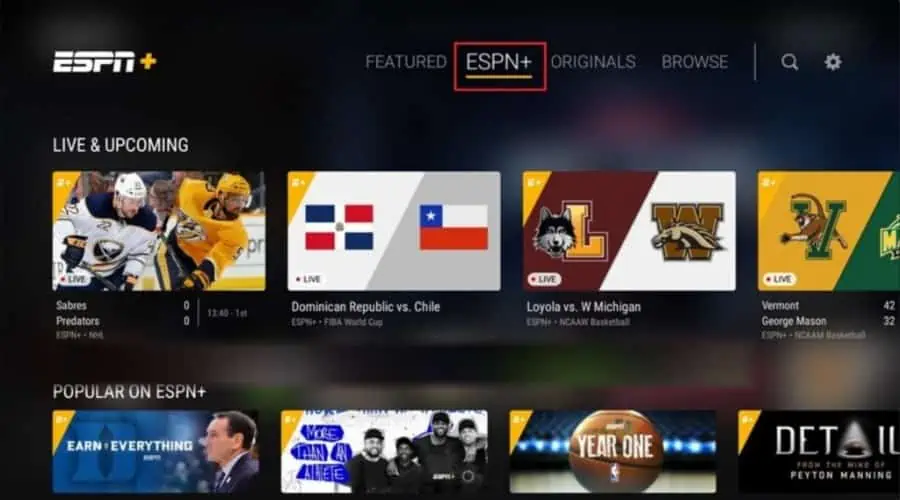 ESPN+ homepage