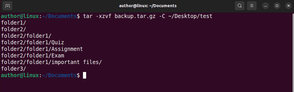 extracting the content to desired destination using tar command on Linux