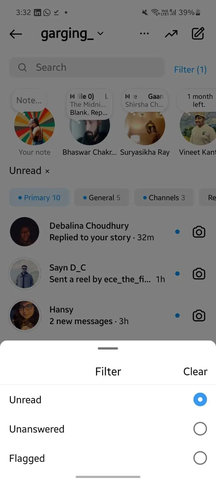 filter unread messages on instagram