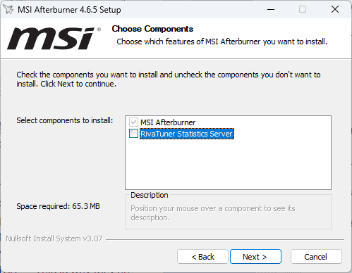 MSI Afterburner Interface Installation Screen