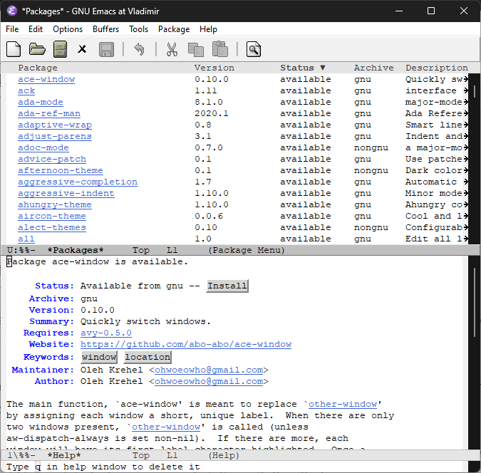 Emacs more packages and installation window