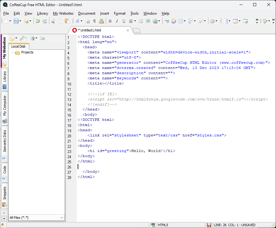 coffeecup HTML Editor code